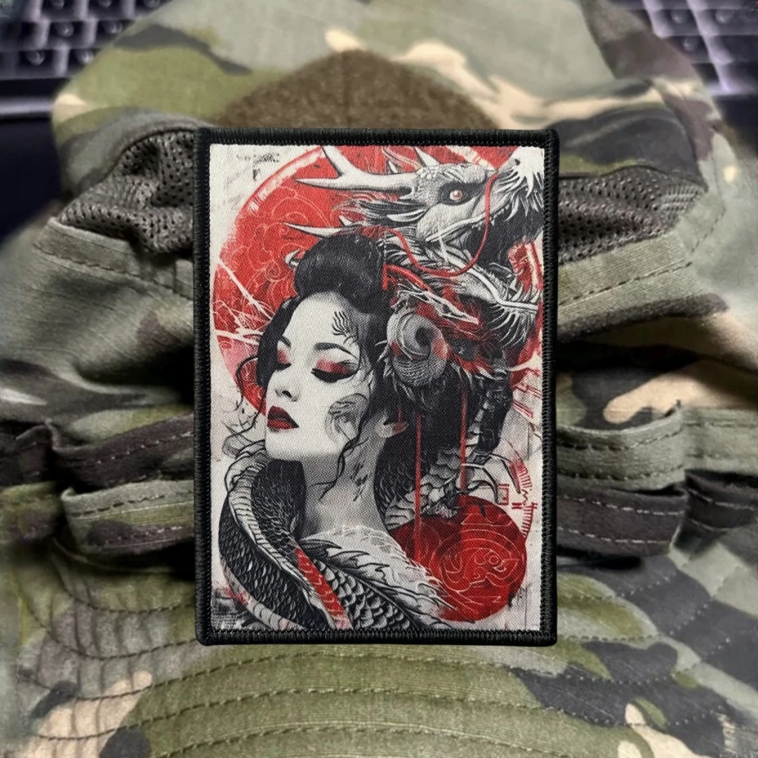 Parche Geisha Dragon Japón, insignia de moral táctica, emblema del ejército militar, pegatina para mochila, parches impresos con gancho para ropa - imagen 2