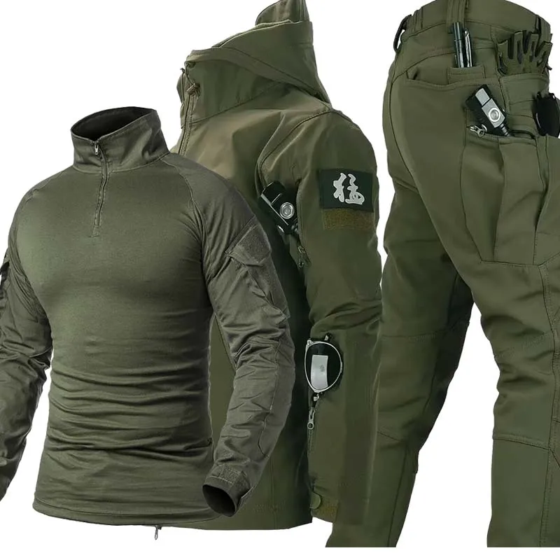 Conjunto de combate de camuflaje para hombre, traje táctico de entrenamiento impermeable de lana con capucha, chaqueta con múltiples bolsillos, pantalones Cargo resistentes al desgaste, invierno, 2/3 Uds. - imagen 2