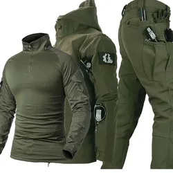 Conjunto de combate de camuflaje para hombre, traje táctico de entrenamiento impermeable de lana con capucha, chaqueta con múltiples bolsillos, pantalones Cargo resistentes al desgaste, invierno, 2/3 Uds.