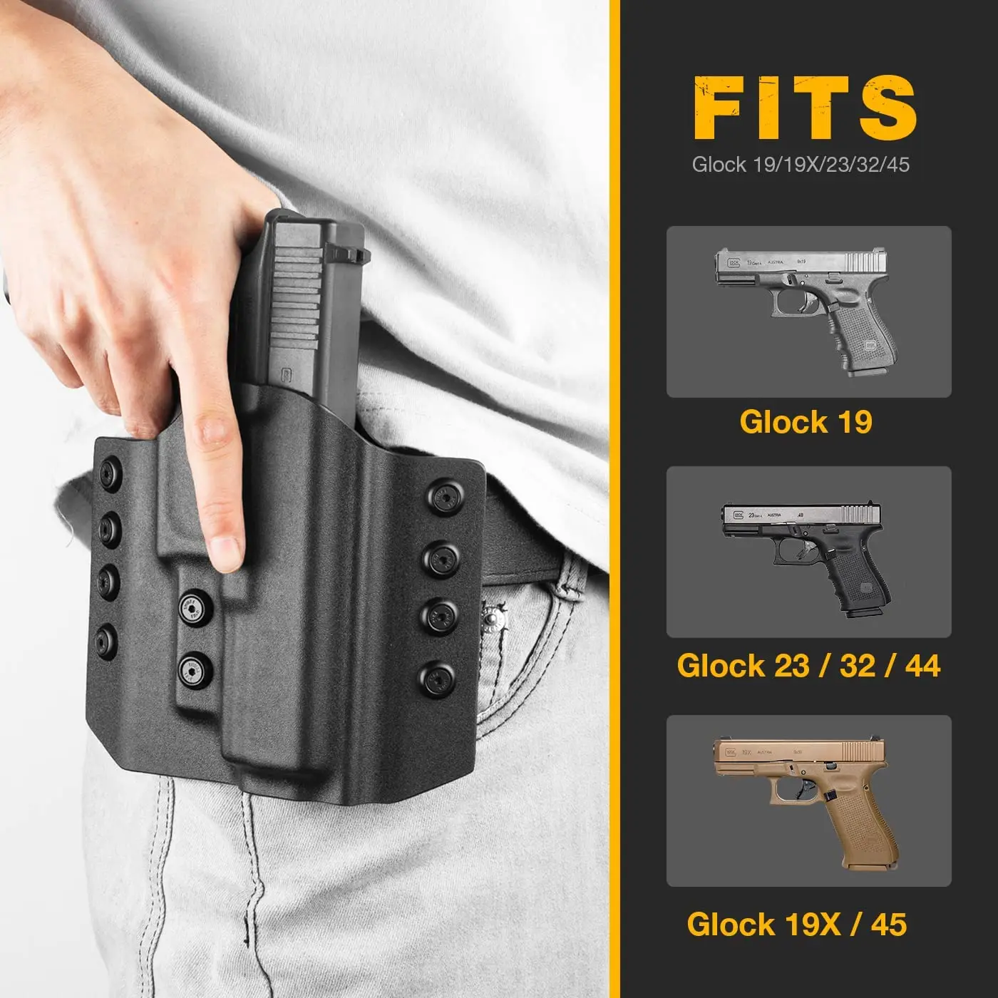 Funda de mano derecha o izquierda para Glock 19, 19X, 23, 32, 44, 45(Gen1-5), de dibujo rápido, OWB Kydex - imagen 2