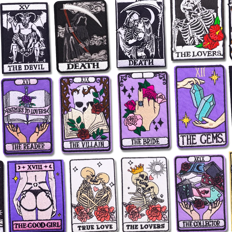 Parche bordado Punk de la serie Tarot, parches para planchar para ropa, parches termoadhesivos DIY, insignias para coser calavera/Tarot de animales y gatos - imagen 2