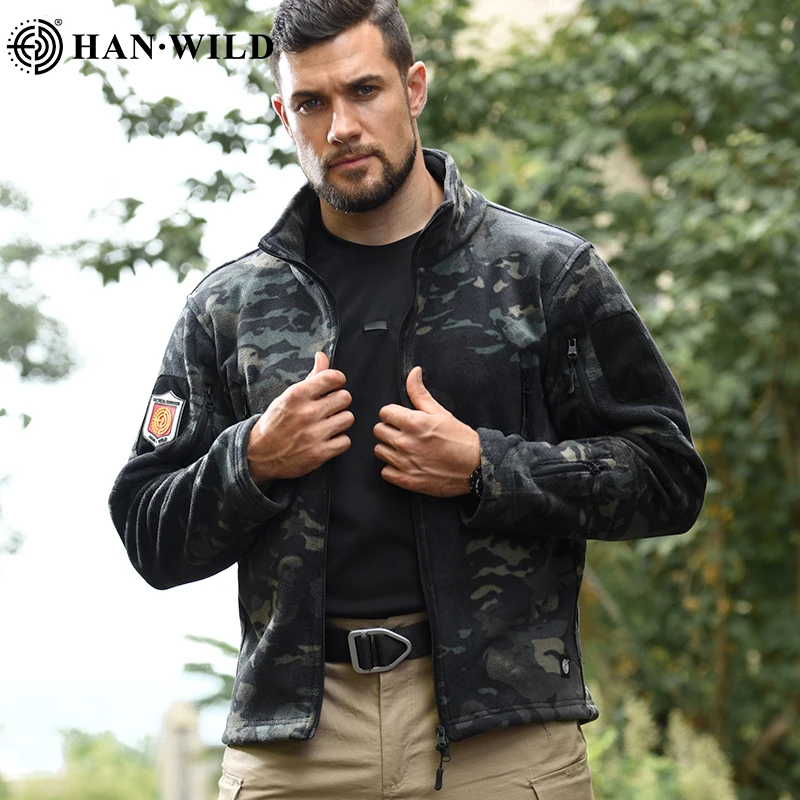 HAN WILD-Chaqueta de lana táctica para hombre, abrigo térmico cálido con cremallera completa, rompevientos para senderismo, chaqueta de Safari para invierno - imagen 4