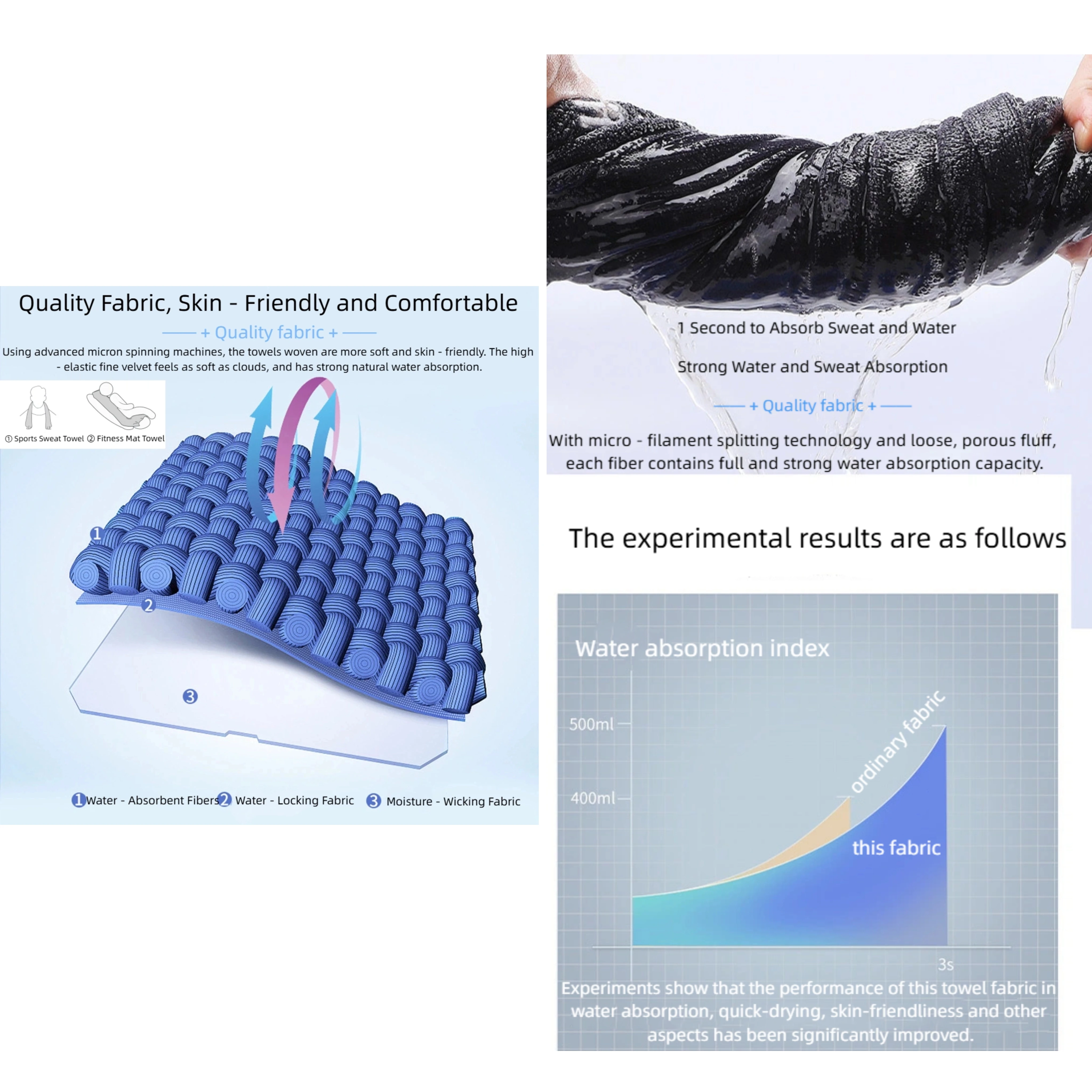 All - in - Toalla deportiva y de gimnasio - Secado rápido, ultraabsorbente para baño, correr, baloncesto y exteriores 40 × 95 cm - imagen 2