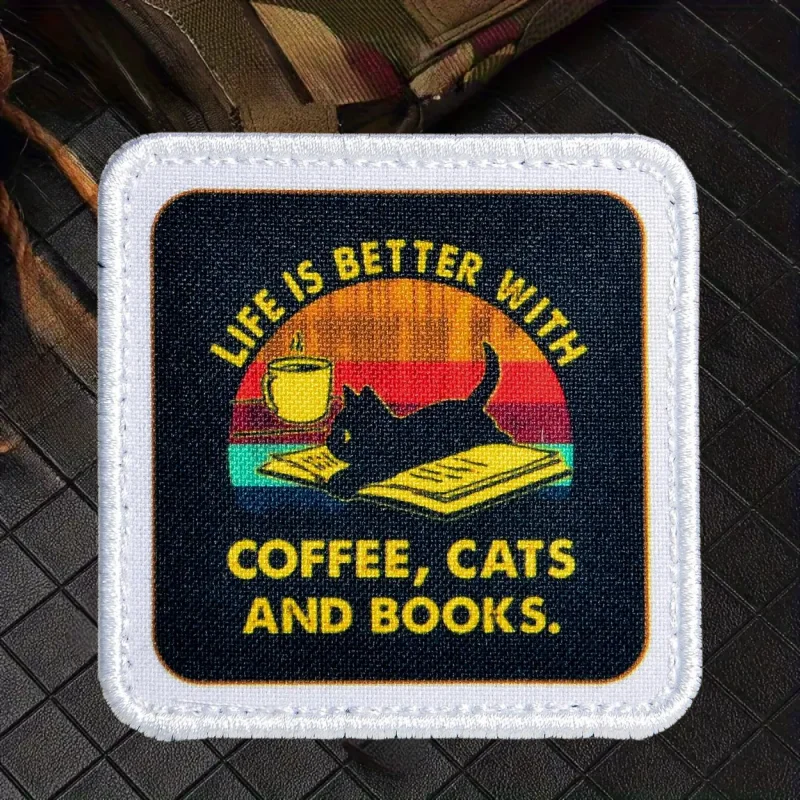 La vida es mejor ganancia café, gatos y libros parches divertidos insignia de moral táctica brazalete gancho y bucle mochila accesorios pegatinas - imagen 5