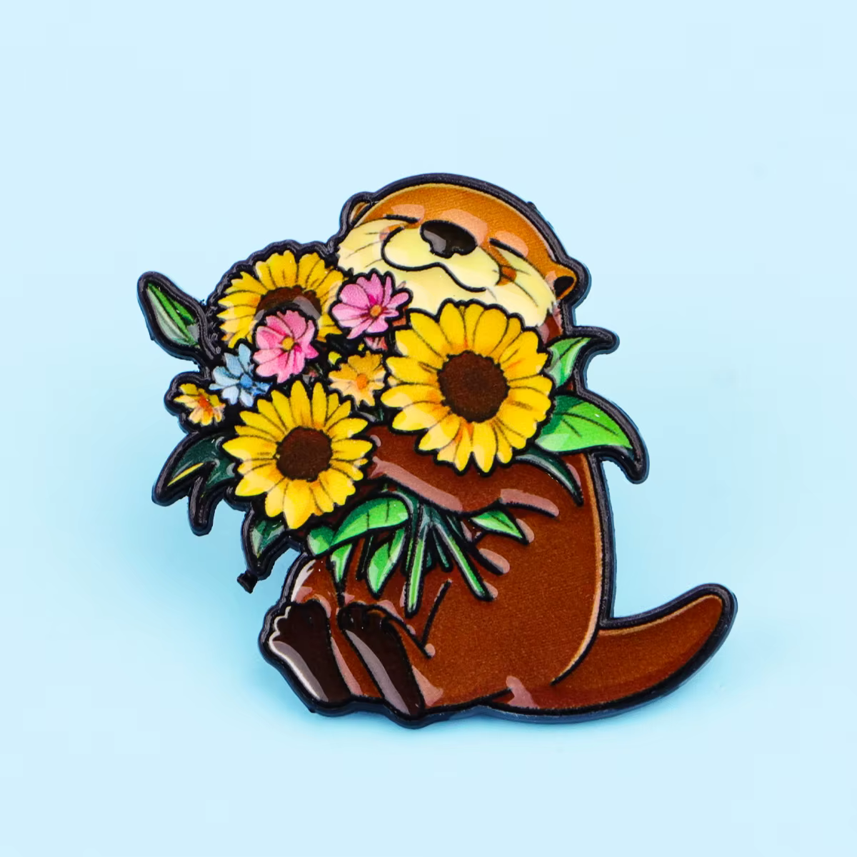 Pin de esmalte con diseño de nutria y flores