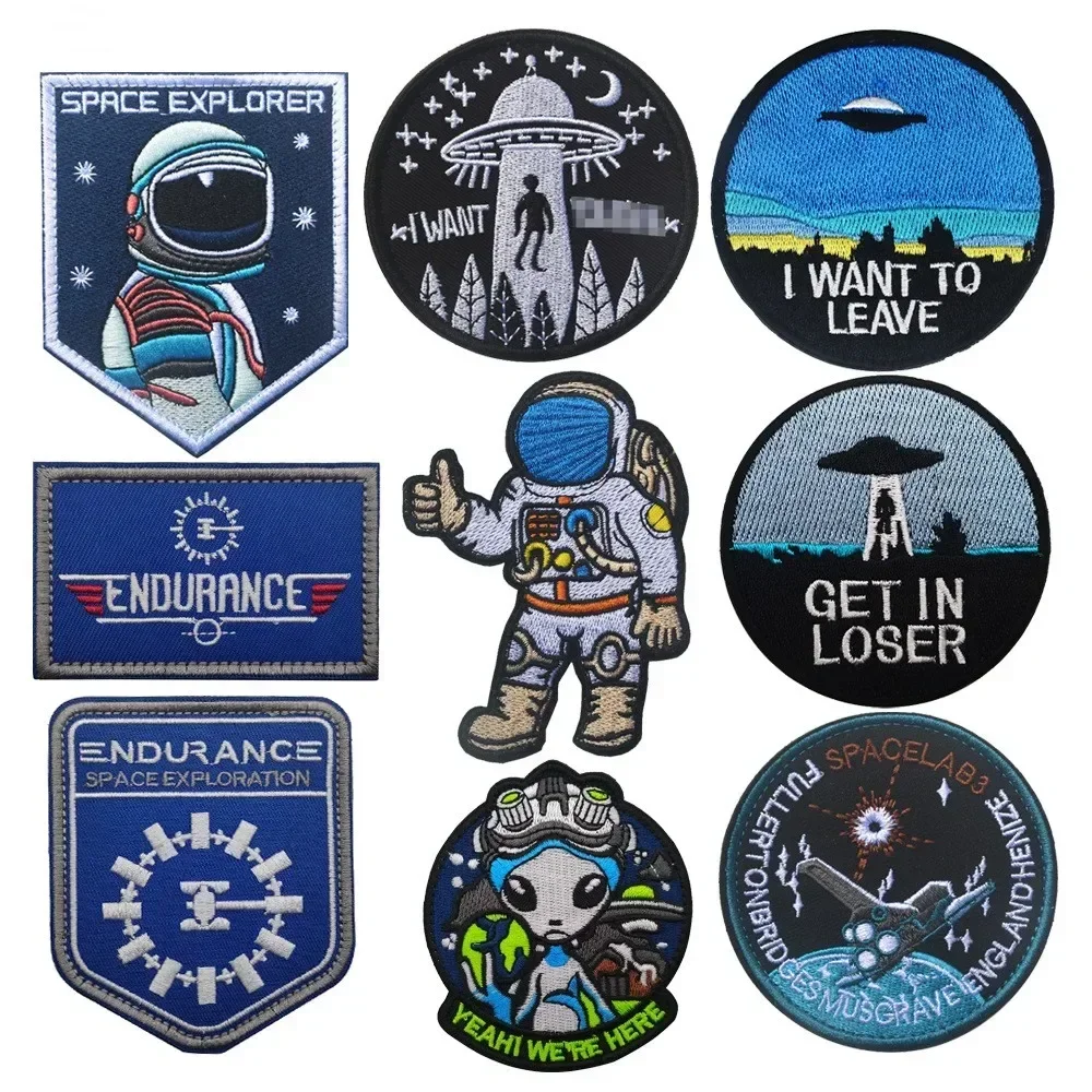 Pegatina de mochila espacial, parche bordado azul, sujetador de gancho y bucle, insignia de decoración para ropa, Parche de astronauta