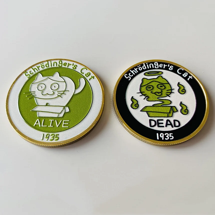 Moneda conmemorativa del gato de Schrodinger, regalo de cumpleaños creativo, pieza de decisión divertida y bonita, experimento simbolizando el pensamiento vivo o muerto - imagen 3