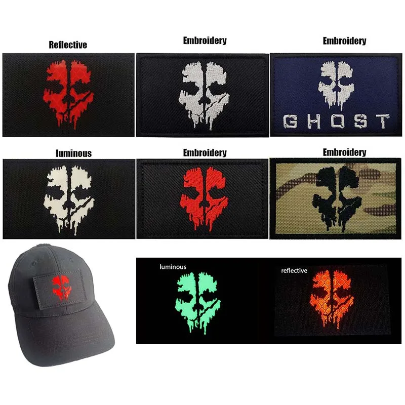 Insignias de máscara facial de fantasma Call of Duty, apliques de tela, parches de gancho y bucle bordados, emblemas tácticos militares que brillan en la oscuridad - imagen 2
