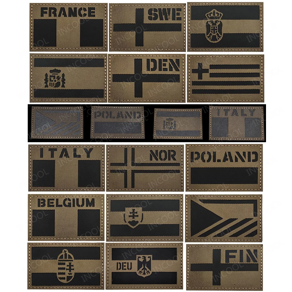 Khaki Laser Cutting IR Reflective National Flag Spain France Czech Italy Poland Greece Patches Tactical Appliques Armband Badges