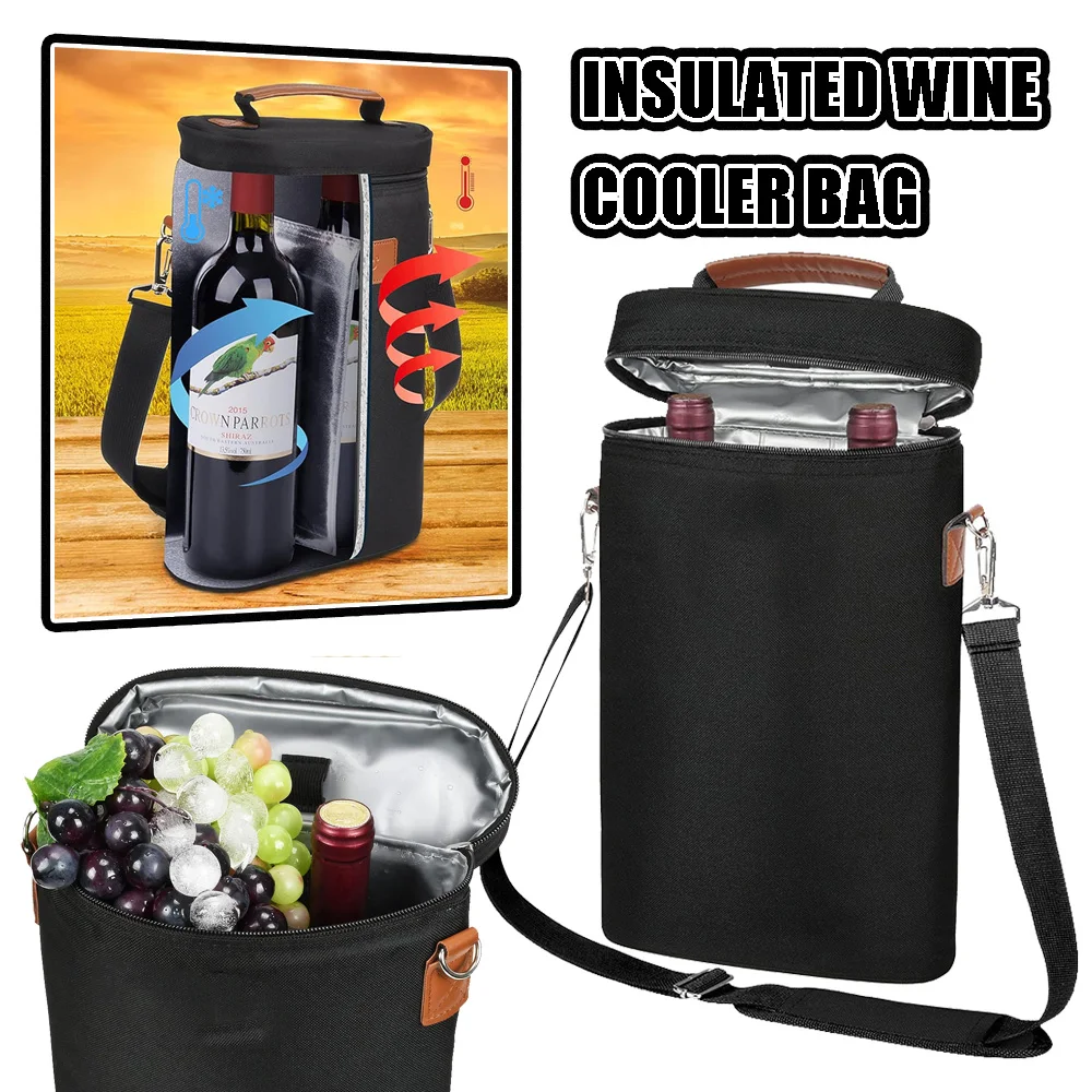 Bolsa enfriadora de vino aislada con correa ajustable para el hombro, bolsa de transporte acolchada para botella doble para Picnic, Camping, amantes del vino