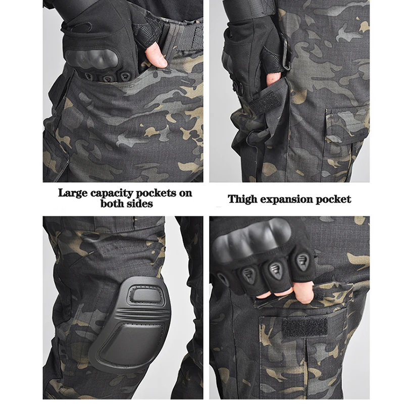 Traje de caza de camuflaje de Montañismo al aire libre para hombres, traje de camuflaje al aire libre, juego CS, camisa de batalla + Pantalones largos, rodilleras - imagen 4