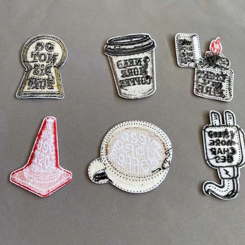 Parches termocollant bordados para ropa, pegatinas de tela, cono de tráfico, 6 piezas/taza de café - imagen 4