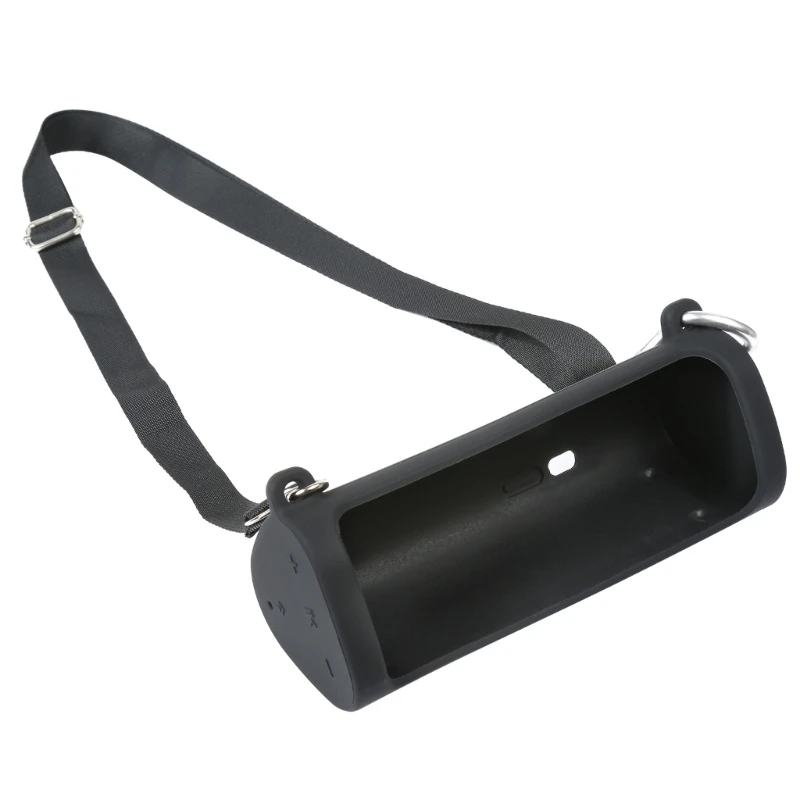 Una caja negra con una correa y un agujero en el frente