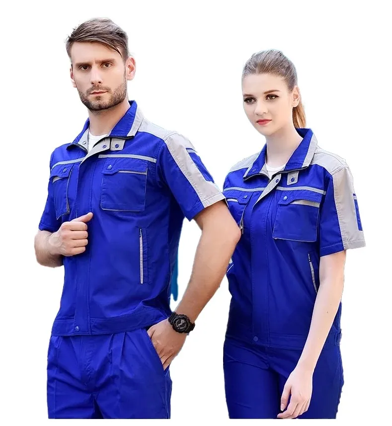 Ropa de trabajo de verano para hombres y mujeres, uniformes de taller de fábrica, conjunto de ropa de trabajo, monos de manga corta, reflectantes de seguridad de Color de contraste - imagen 4