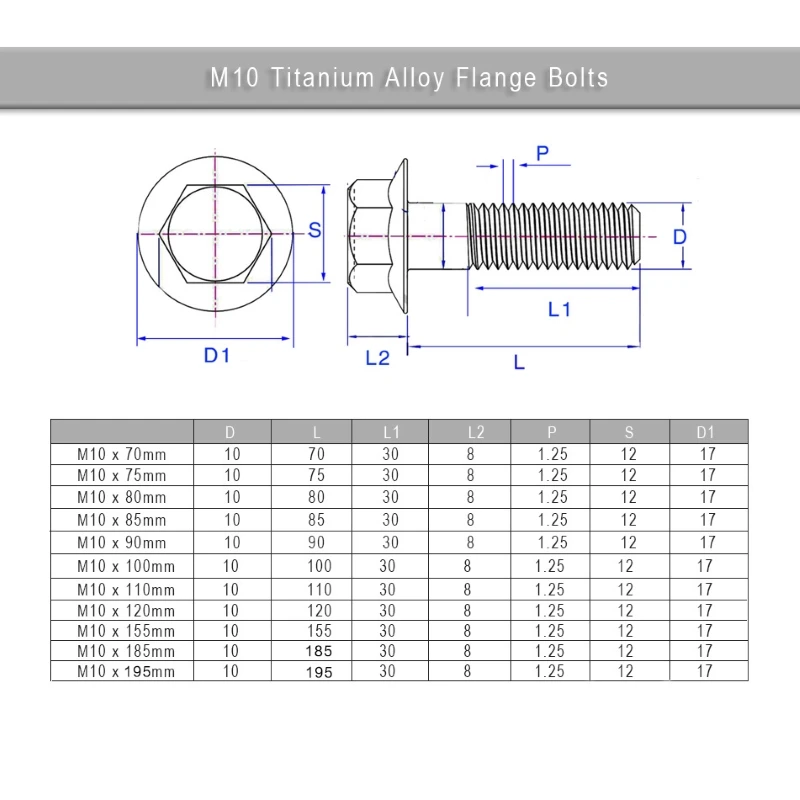 M10 x 155/185/195--350 mm Tornillos de perno de titanio Tapa de brida 1,25, modificación de motocicleta - imagen 4