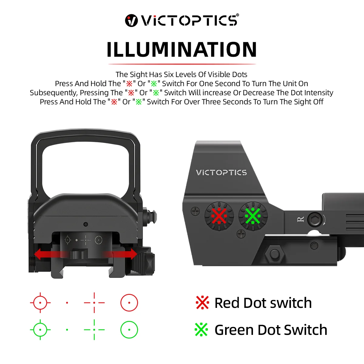 VictOptics SRD 1x23x33 mira de punto rojo con cuatro retículas, verde y rojo, 6 niveles de brillo, montaje de liberación rápida, ventana de visión amplia, batería lateral - imagen 4