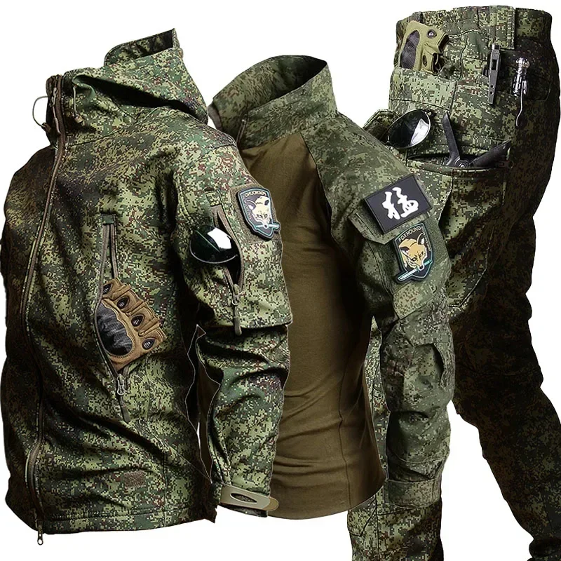 Conjuntos de carcasa blanda, uniforme militar, chaquetas impermeables con capucha del ejército + camisas de entrenamiento, pantalones Cargo, trajes de caza con múltiples bolsillos - imagen 2