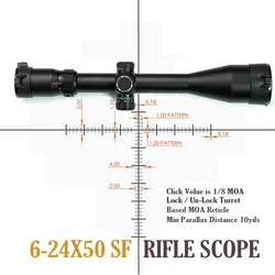 Alcance de rifle de largo alcance con enfoque lateral, retícula de caza iluminada, enfoque lateral, 6-24x50SF. 308,. 338, Anillo de 30 mm,