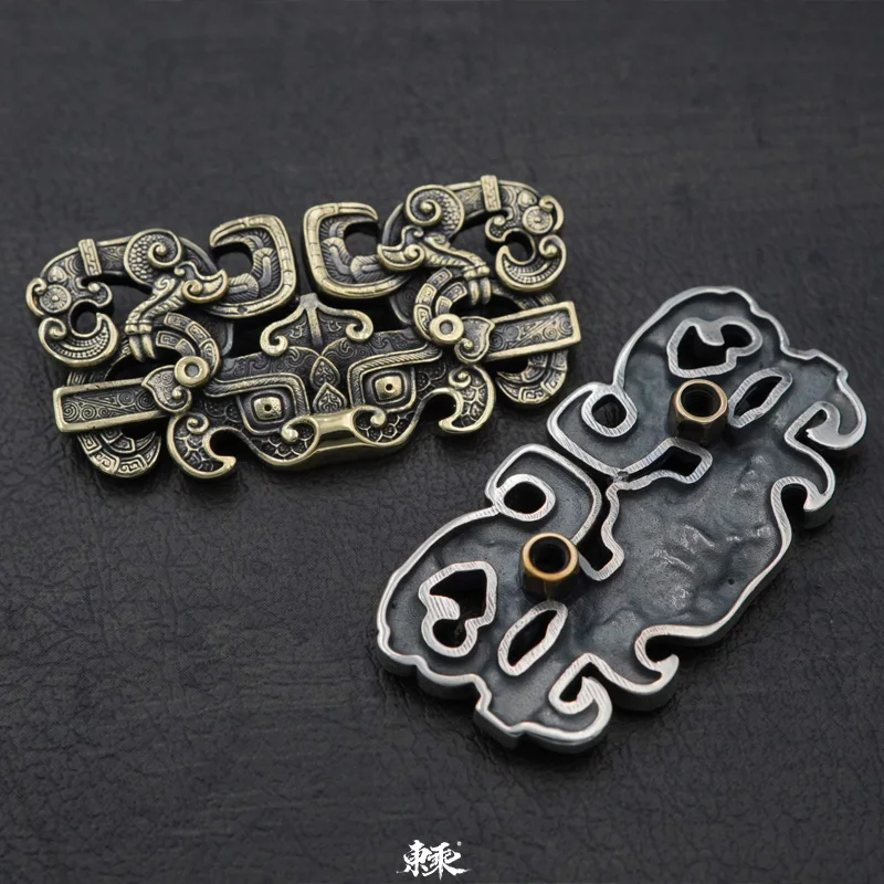 Taotie-hebilla de tela de doble tornillo de grano Phoenix, diseño Original, estilo nacional, hebilla de cuero con cara de Animal, S925 - imagen 3