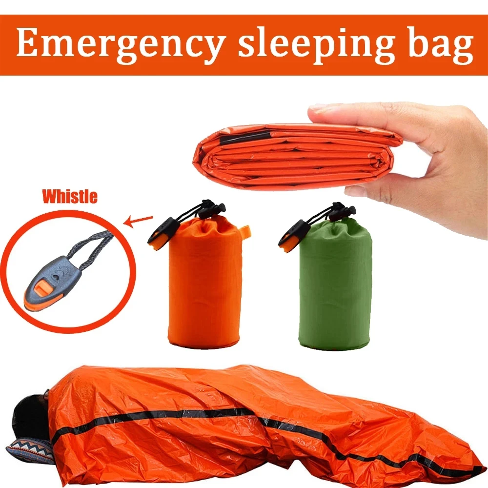 Saco de dormir portátil impermeable para supervivencia de emergencia, equipo de acampada Edc para exteriores, saco térmico, botiquín de rescate de primeros auxilios, manta Mylar