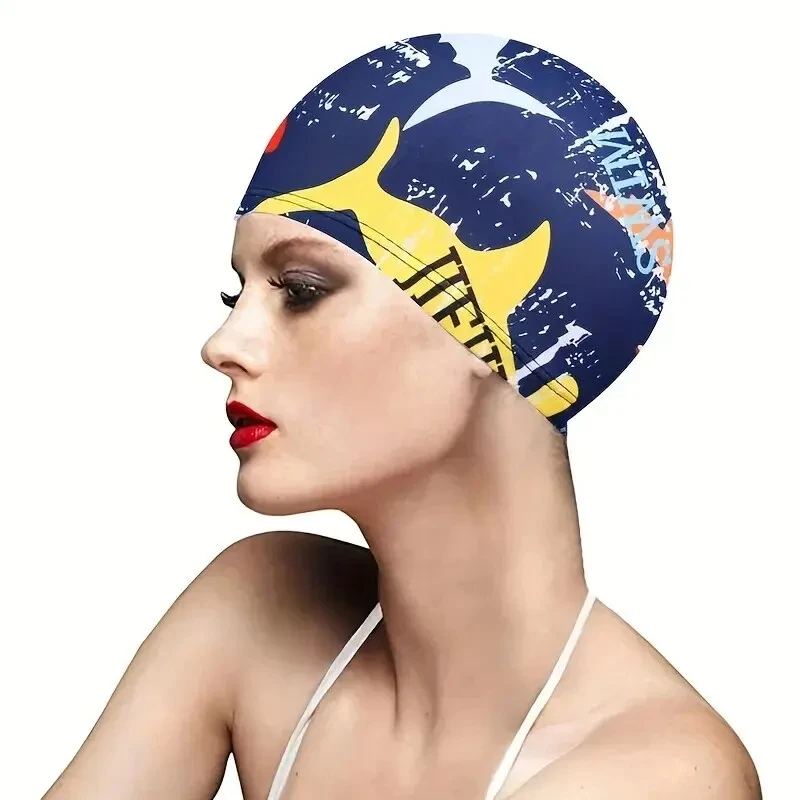 Gorro de natación con estampado de hojas para adultos: protección para los oídos, diseño antideslizante, piscina, playa, verano - imagen 2