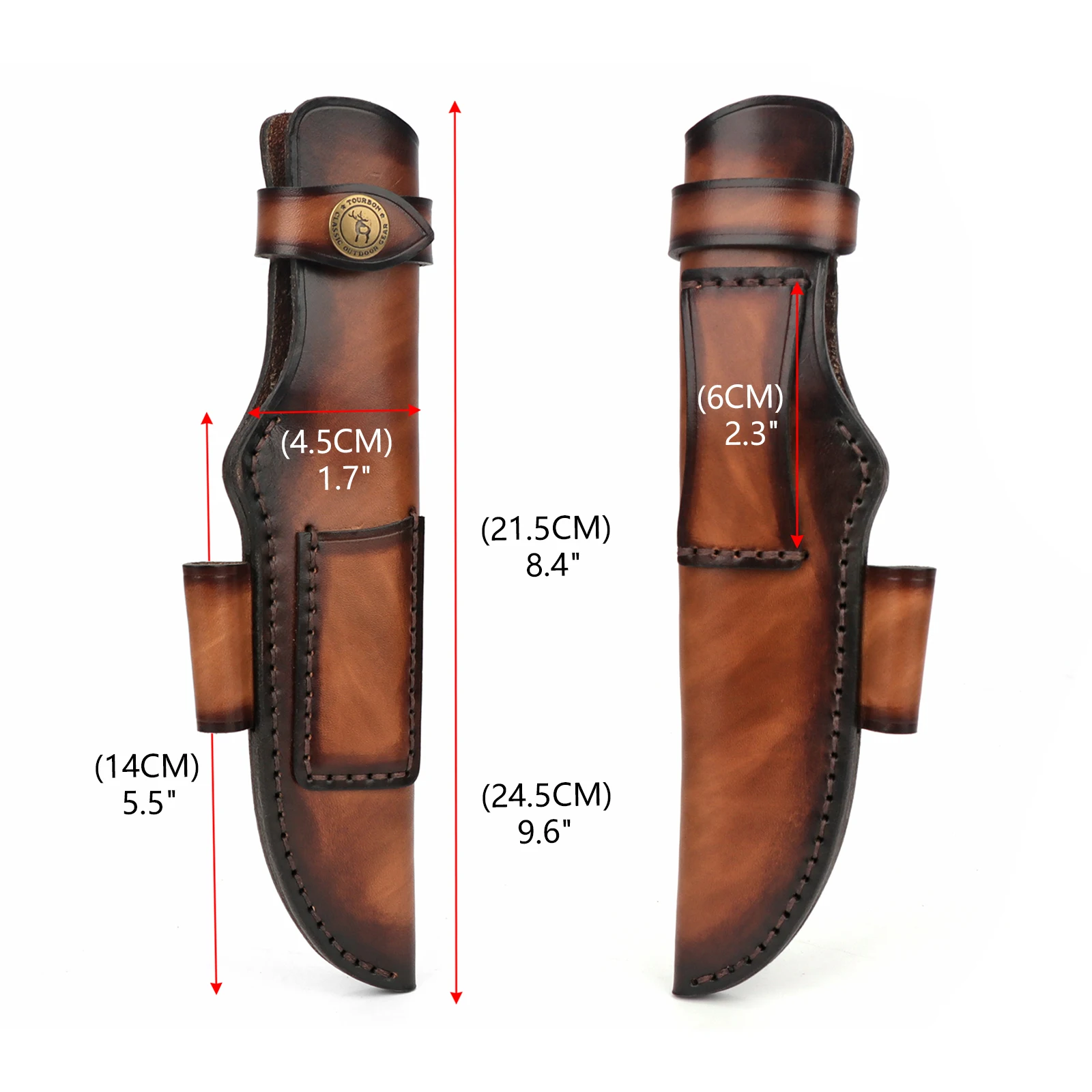 Tourbon Funda para cuchillos de cuero grueso para caza, cubierta para cuchillos de hoja fija hecha a mano con cierre de botón, lazo para cinturón, color marrón - imagen 5