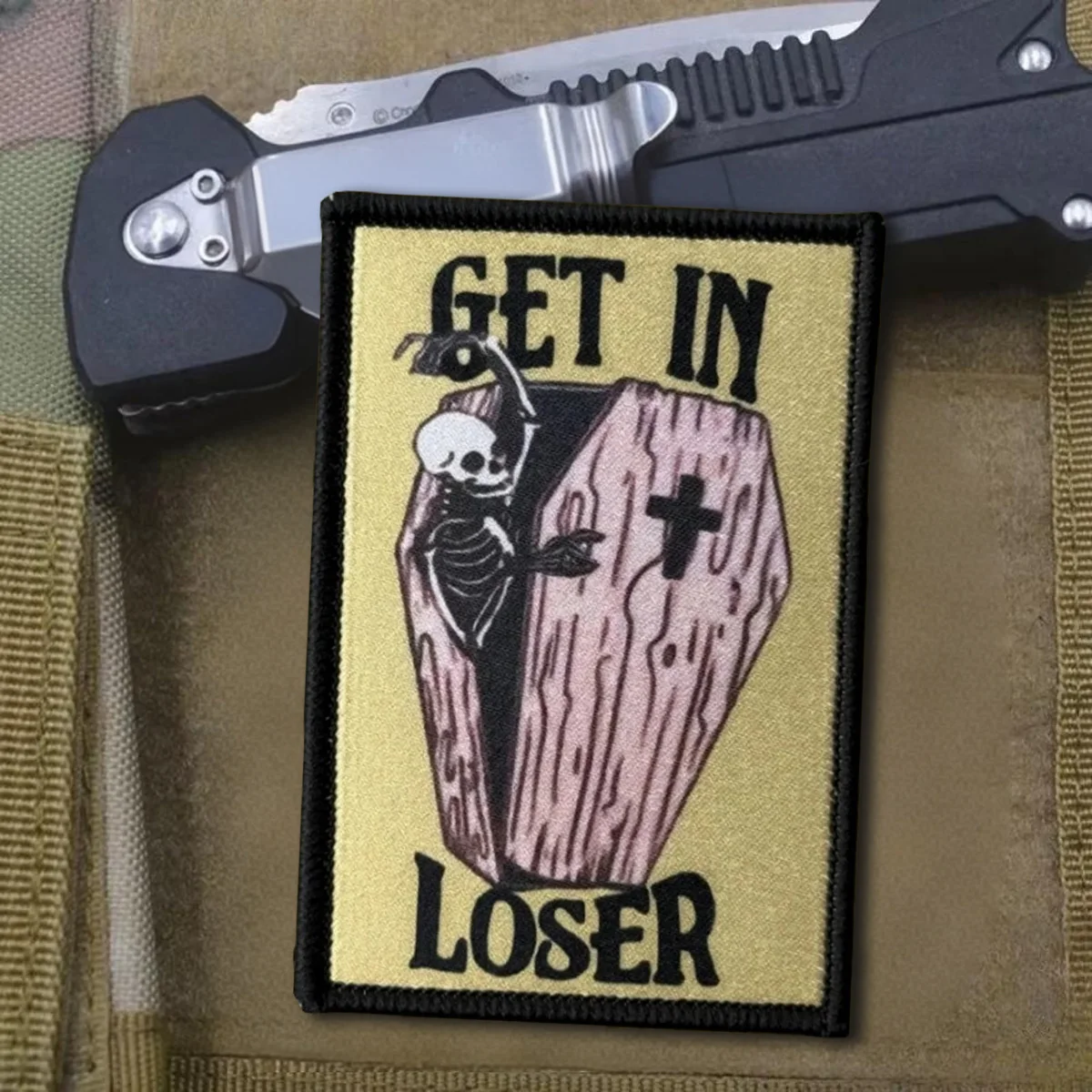 Parches tácticos de moral de calavera "GET IN LOSER", parche divertido de gancho y bucle, insignia militar, brazalete, pegatinas para mochila - imagen 3