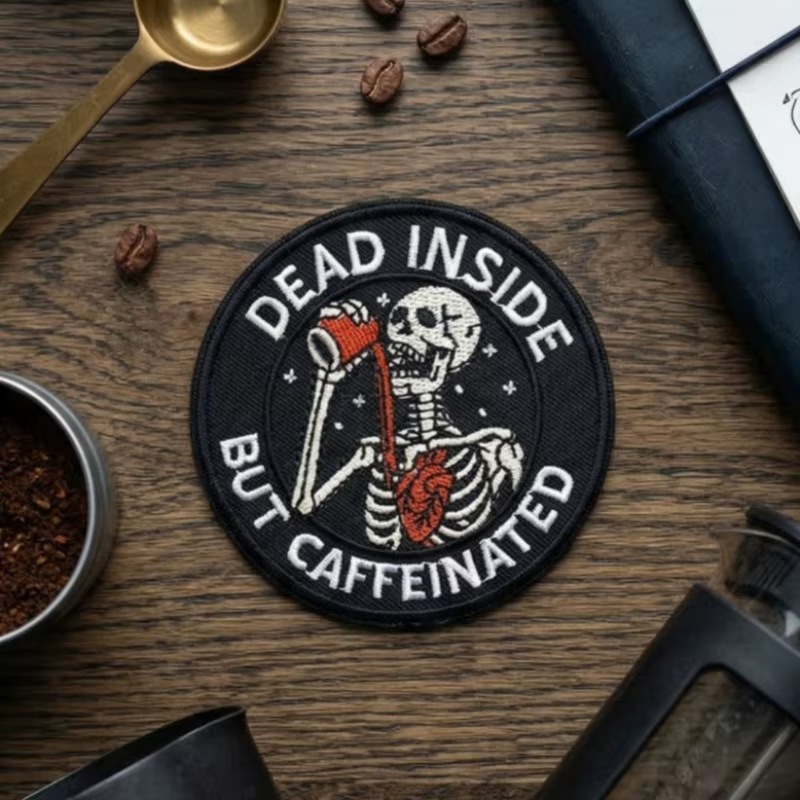 Parche táctico bordado esqueleto muerto por dentro con cafeína velcro - imagen 2