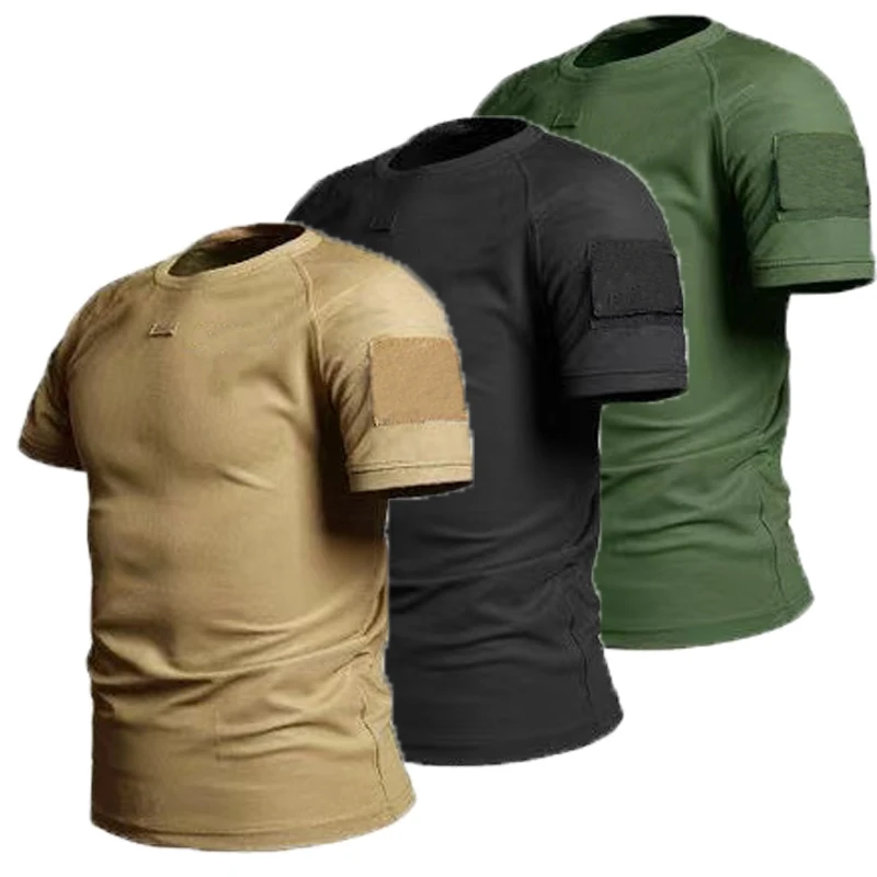 Camisetas tácticas militares elásticas transpirables de secado rápido de verano para hombre, camisetas extraíbles para senderismo y acampada, camisetas de escalada, camiseta deportiva para gimnasio