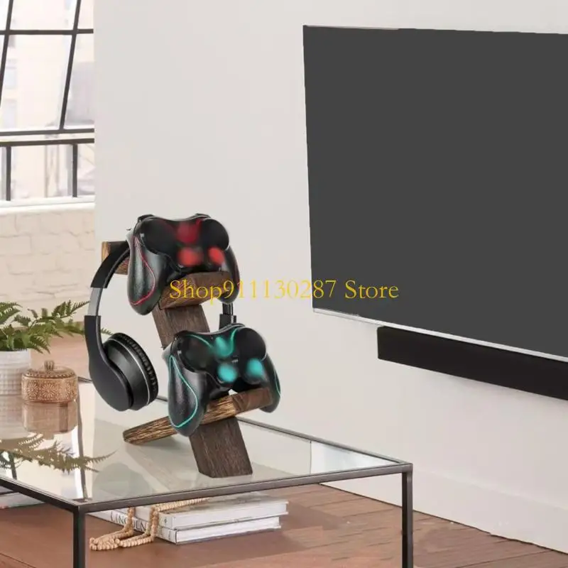 Soporte madera para juegos J1HC 2 capas, estante almacenamiento Vertical 2 capas para controlador auriculares y