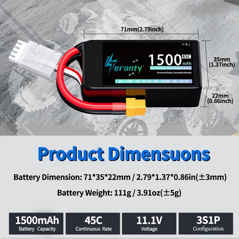 TERANTY Batería Lipo 1500mAh 45C XT30/XT60 T-Deans para Drones RC - imagen 3