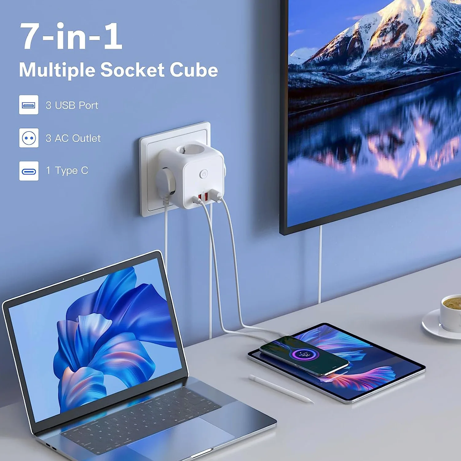 Regleta de pared triple enchufes USB cargador tipo C – Todo en uno - imagen 2