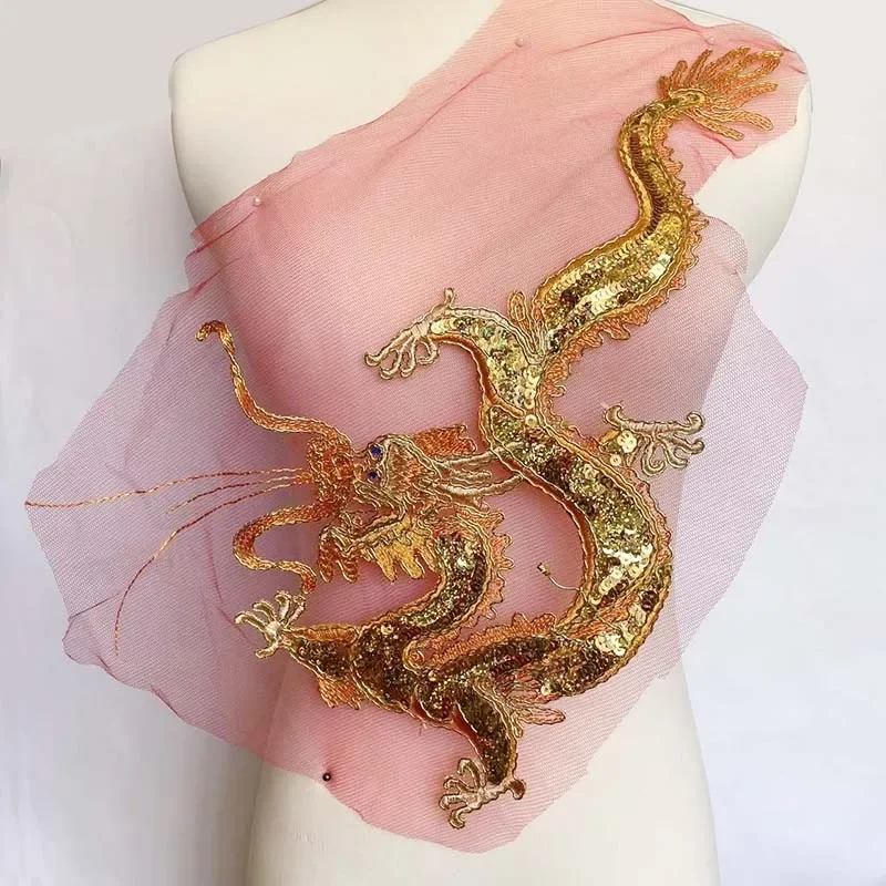 Parche de costura bordado de encaje de hilo dorado de lentejuelas para vestido, Cheongsam, apliques de dragón dorado, Fénix, 23x44CM - imagen 3