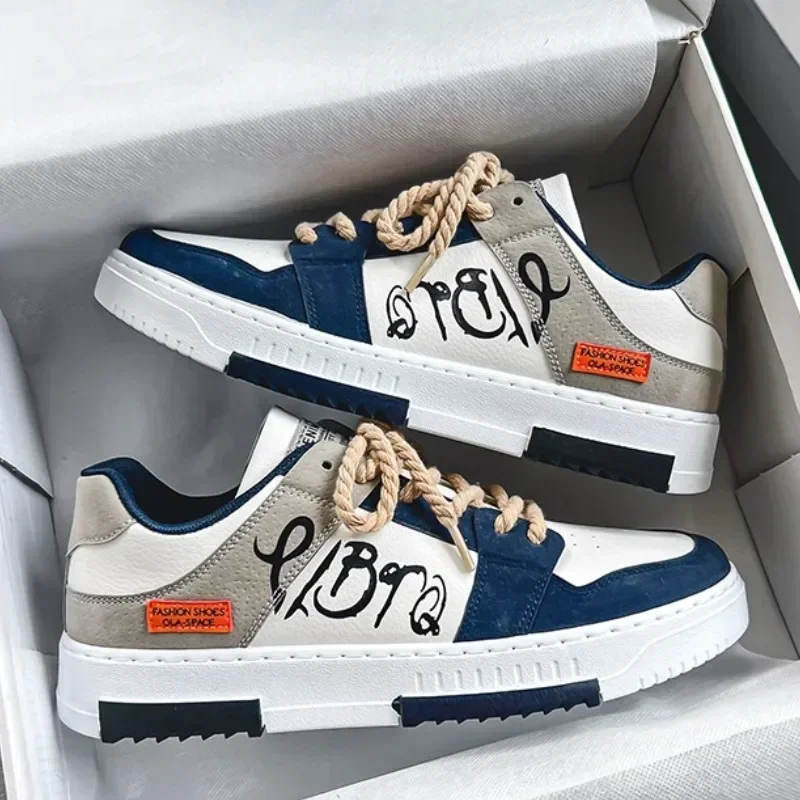 Zapatos planos informales para hombre, zapatillas de tenis vulcanizadas con patrón impreso, zapatos blancos para estudiantes, nuevos entrenadores con cordones tejidos - imagen 2