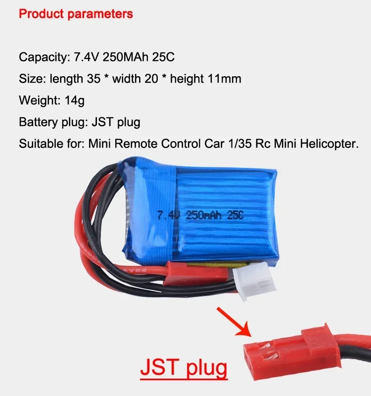 Batería li-po de 7,4 V, 250Mah, 25C, 2S, con enchufe JST para Mini coche de Control remoto, coche de escalada, Mini helicóptero RC 1/35 - imagen 3