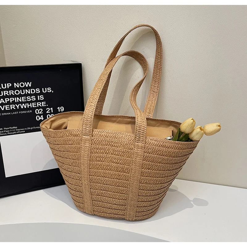 Bolso de mano Lawaia, bolso tejido de paja de 44-29cm, bolso informal y versátil de moda de verano para niña, bolsos de playa, cesta de flores - imagen 5