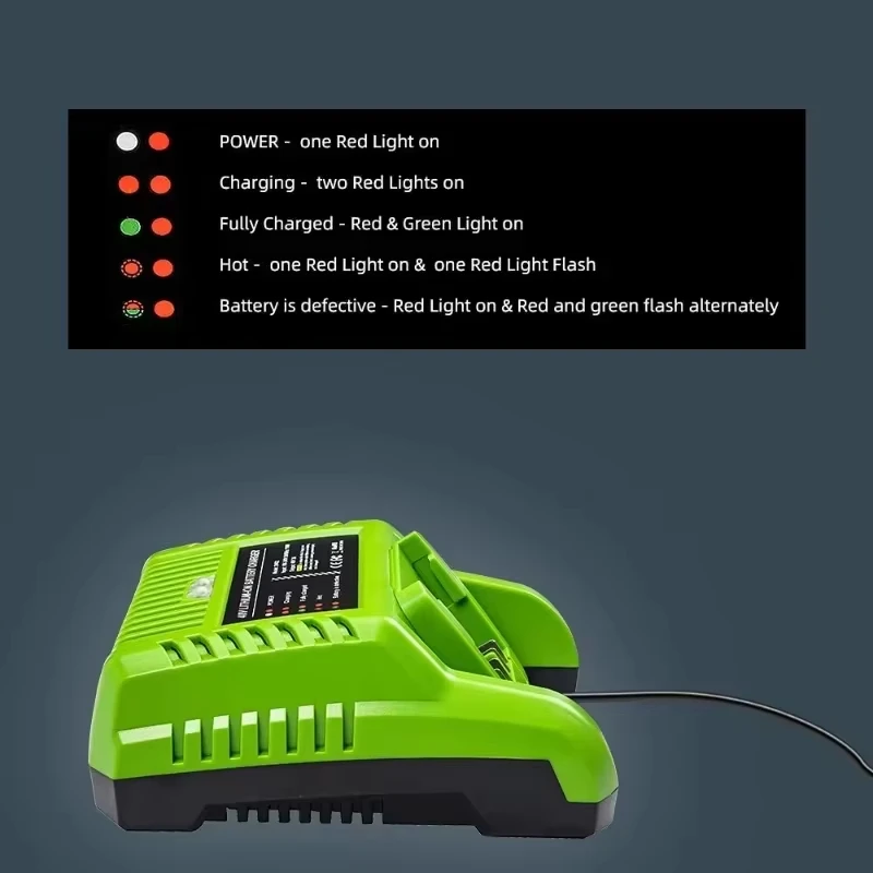 Cargador de batería rápido portátil con indicador LED GLB-40V para batería de litio Greenworks 40V 29472 29727 G40B4 G40B6 GWT40VS2 - imagen 5