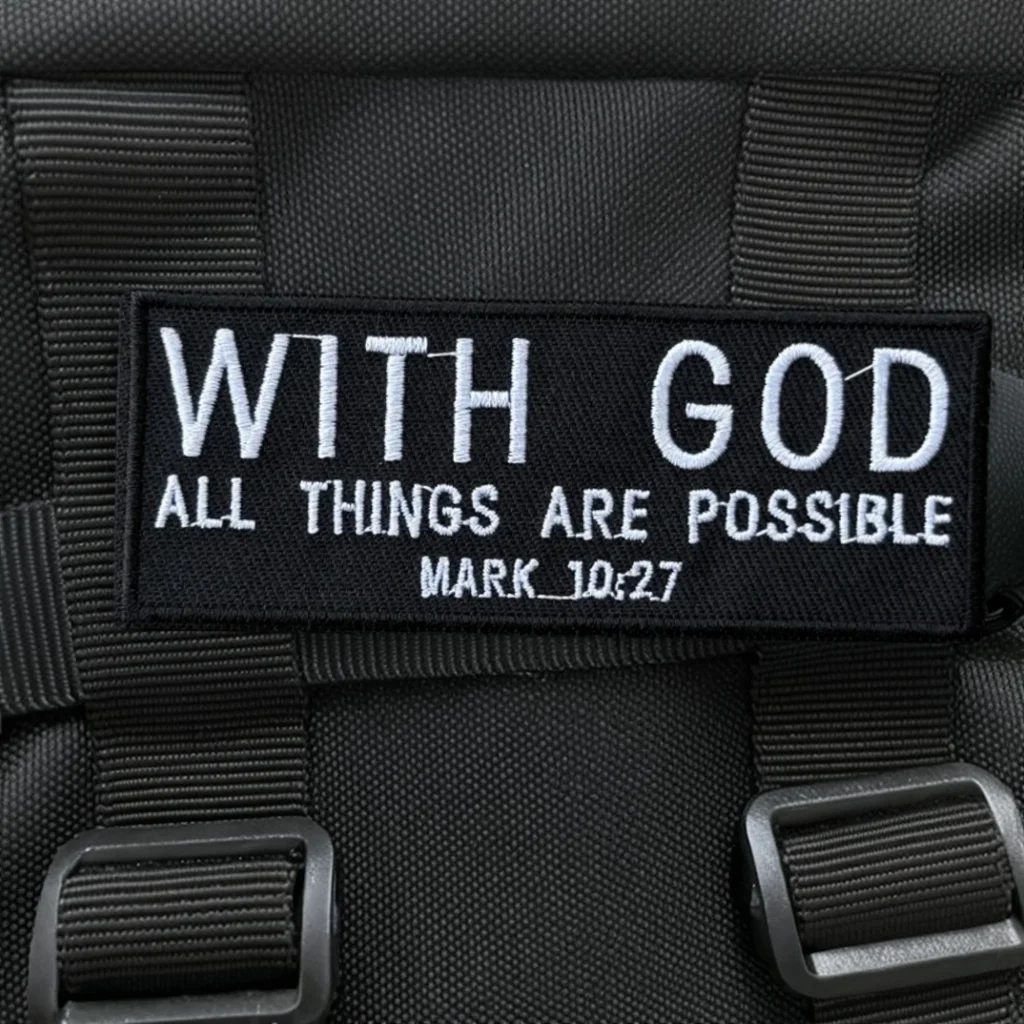 Parche cristiano con Dios, todas las cosas están posibles, insignia de tela bordada con versículo Mark 10:7, parche con gancho y bucle para ropa - imagen 4