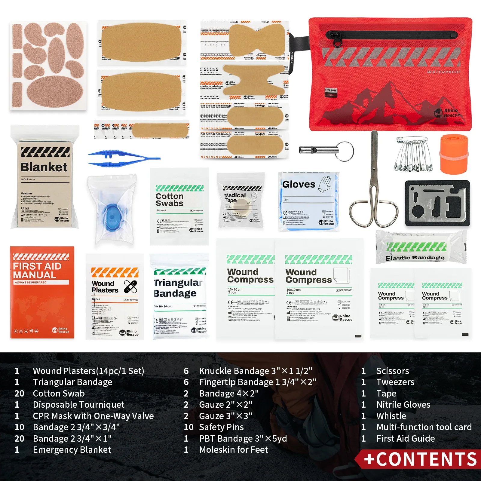 Pequeño botiquín de primeros auxilios RHINO RESCUE botiquín médico ultraligero impermeable para senderismo Camping mochilero ciclismo vehículos de viaje 105 piezas - imagen 3