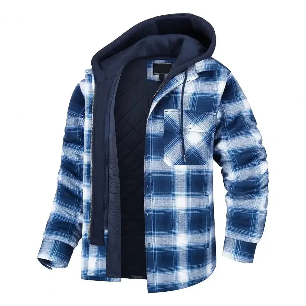 Chaqueta con capucha de invierno para hombre, Parkas a prueba de viento de algodón con capucha gruesa a la moda con cordón, camisa a cuadros, chaquetas informales para hombre - imagen 4