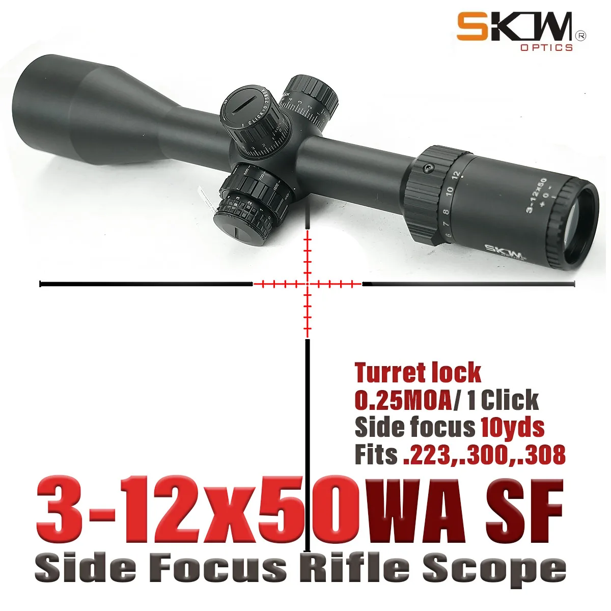 Skwoptics Optics Scope Sight Hunting, 3-12X50IR WA, SFP 30 mm Anillos 0.25MOA Retícula