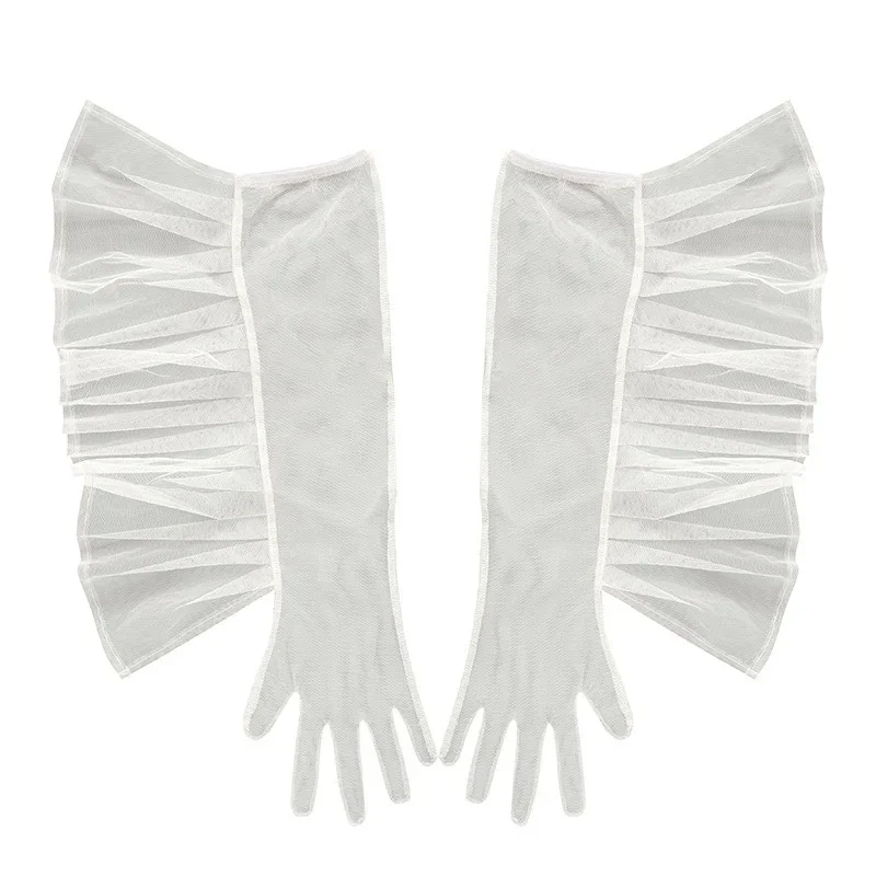 Guantes Franceses con Volantes - Malla de Color Sólido para Mujer Talla L - imagen 3