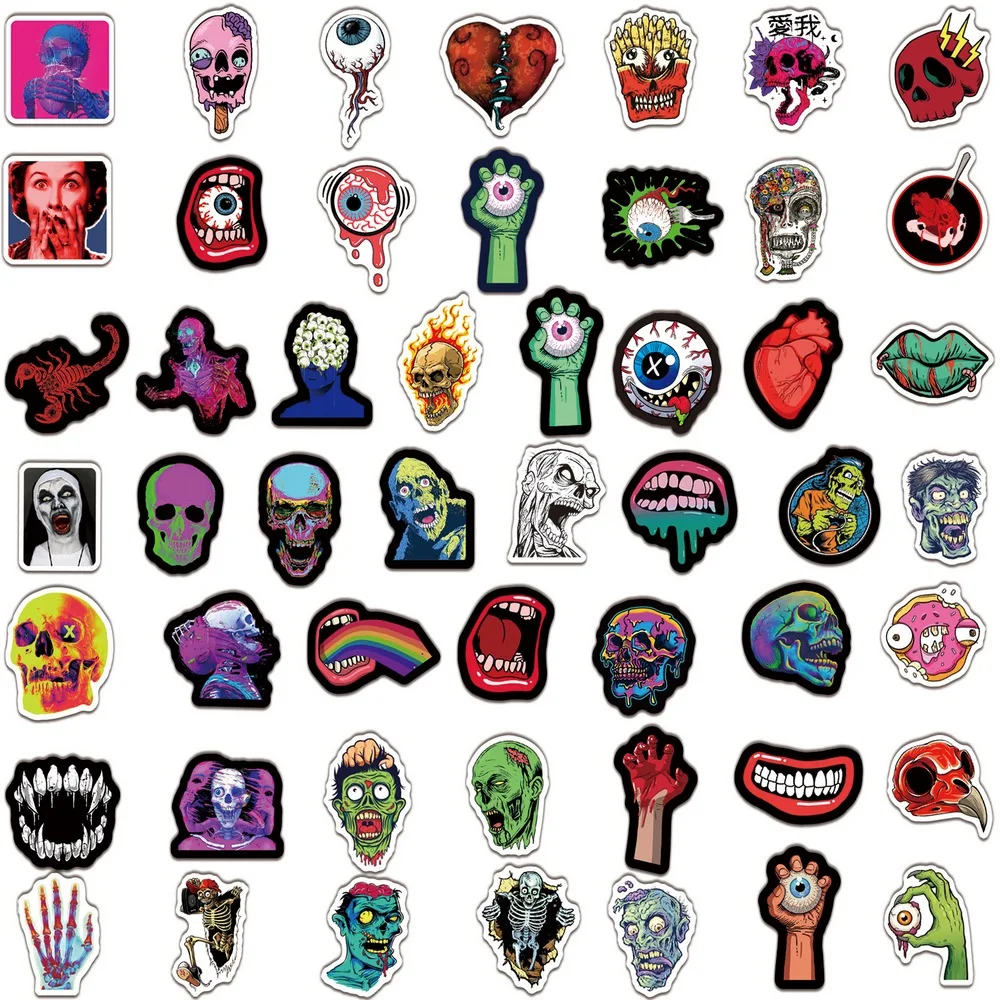 50 Uds. Pegatinas de fantasma y calavera de terror, cuaderno, nevera, guitarra, portátil, coche, bicicleta, Halloween, calcomanía para el hogar, pegatina de monstruo zombi resistente al agua - imagen 5