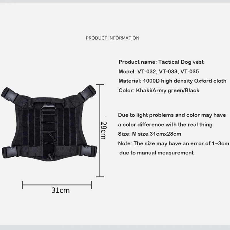 Chaleco táctico militar para perro, ropa ajustable para perros medianos, MOLLE, impermeable, ligero, 31CM x 28CM, 1000D - imagen 4