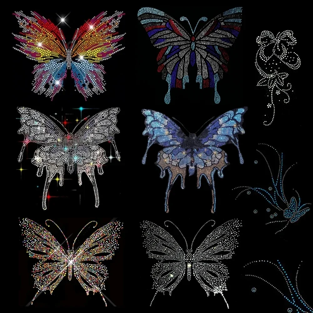 Parches de mariposa de diamantes de imitación con purpurina 3D, transferencia de hierro para ropa, accesorios de mariposas, apliques de vestido, pegatinas