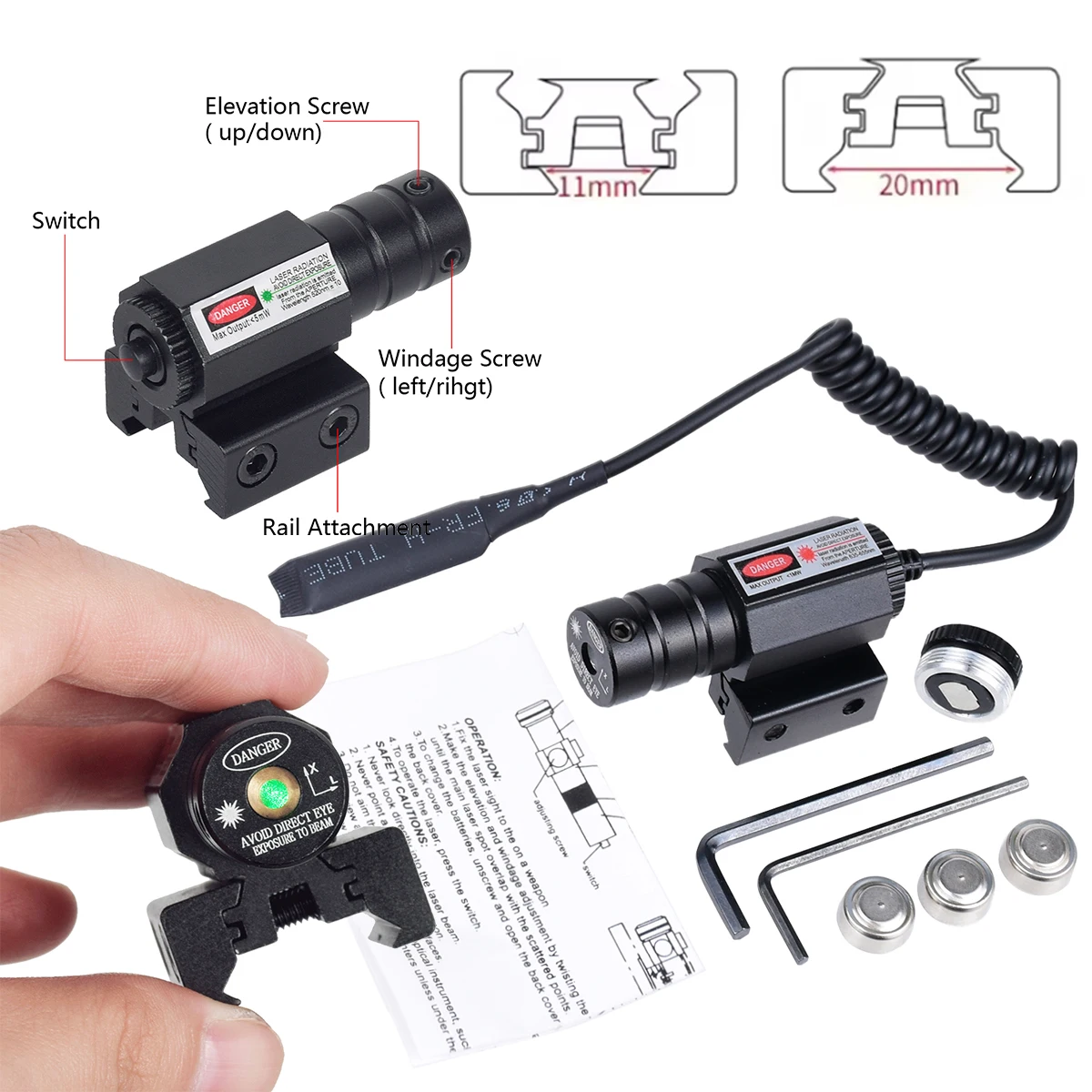 Mira láser táctica con punto rojo y verde, Universal, 11mm, 20mm, montaje en riel Picatinny, mira láser para pistola y Rifle sin batería - imagen 3