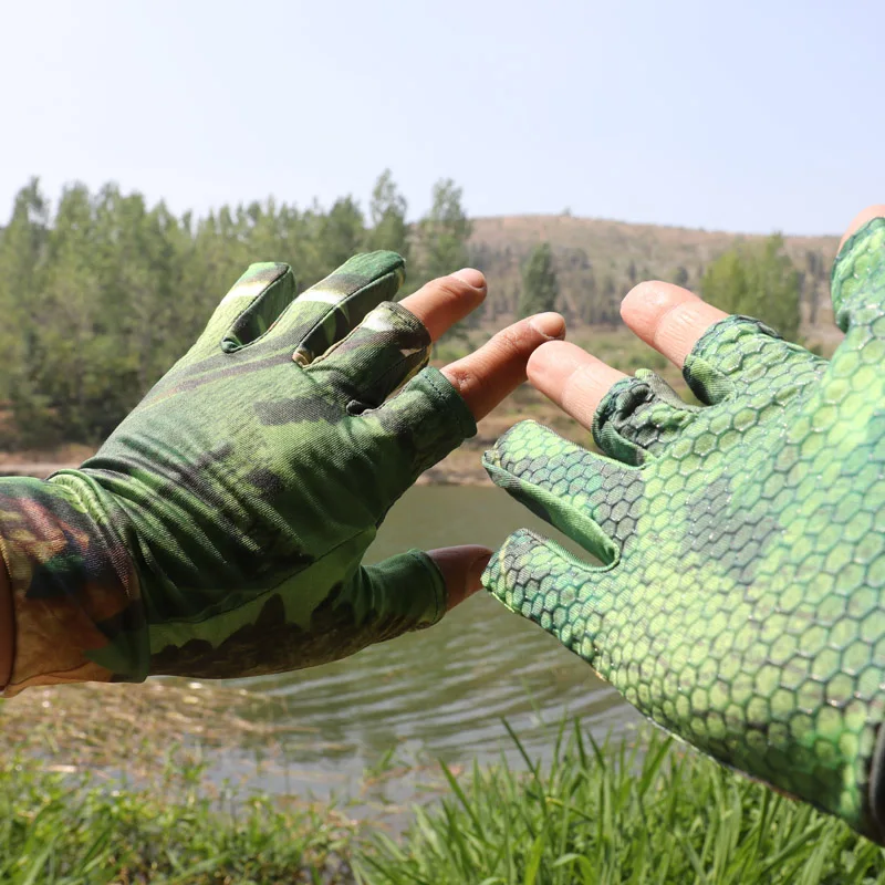 Guantes de pesca antideslizantes de verano, protección solar, manopla de pesca con corte de tres dedos, guantes de caza de camuflaje biónico finos y transpirables - imagen 5