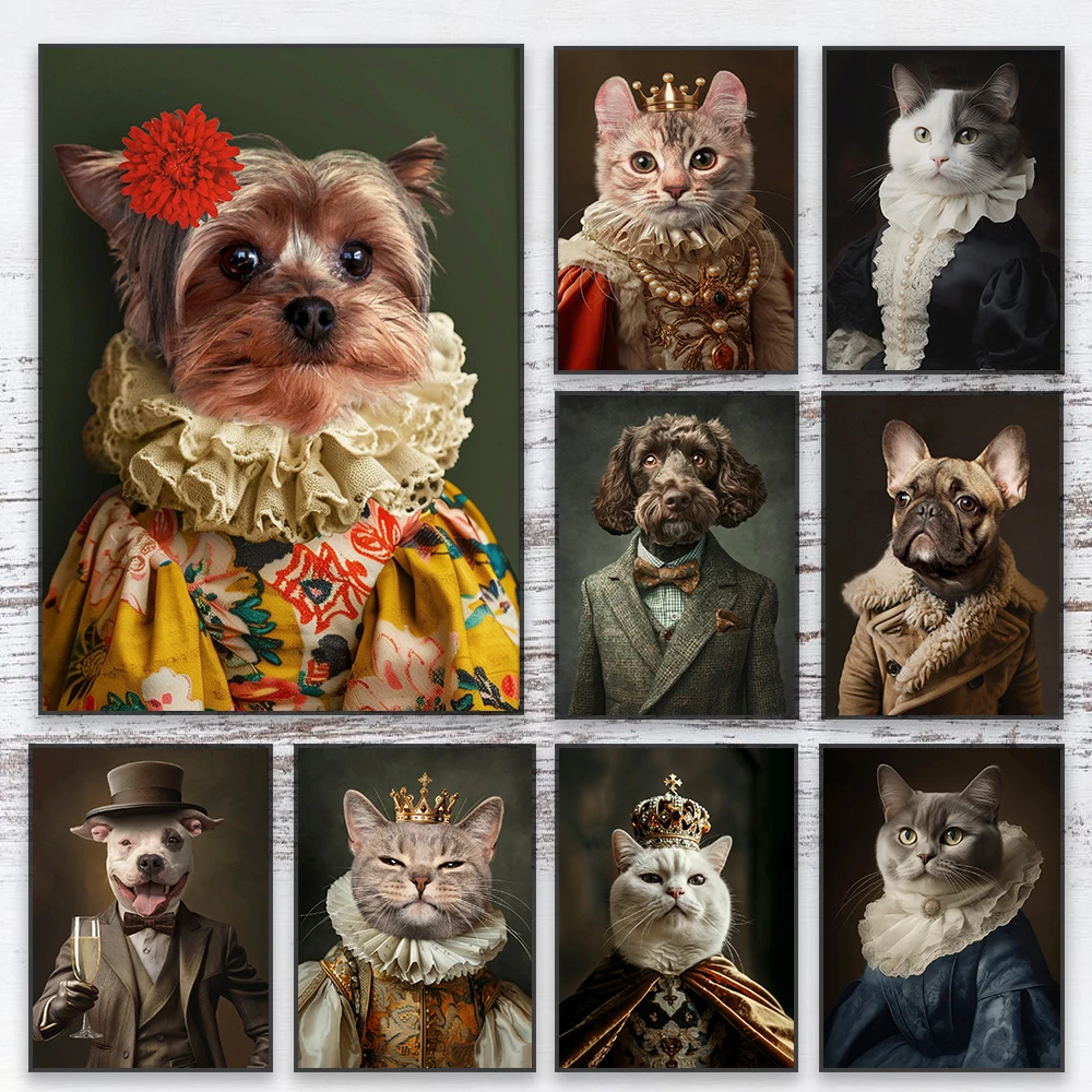 Póster personalizado de gato reina renacentista con corona, retrato de mascota real personalizado de foto, pintura en lienzo, impresiones, regalos de decoración