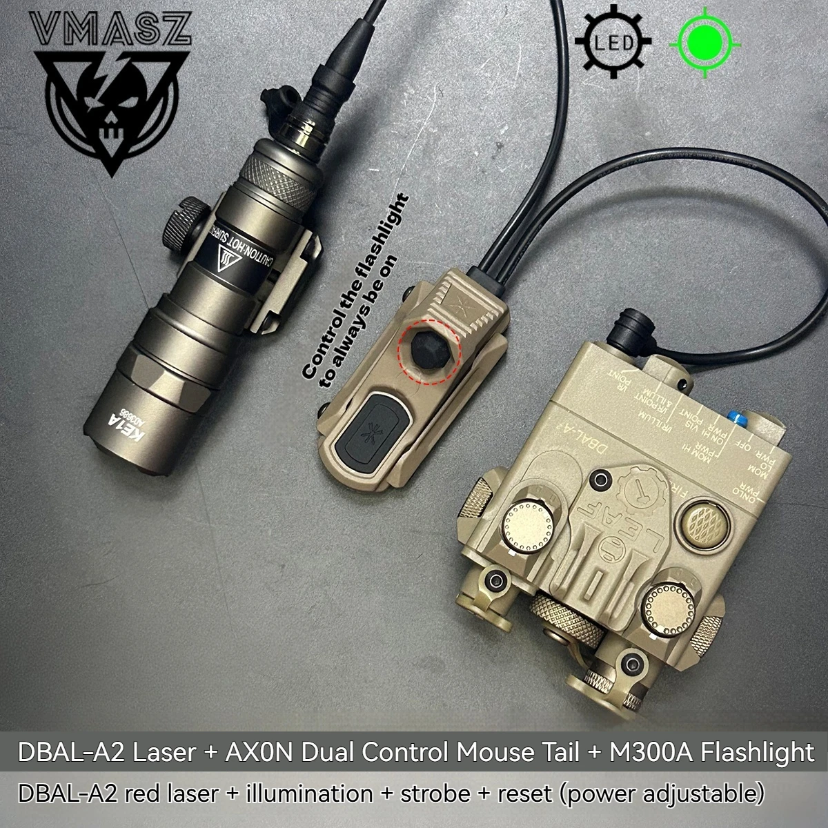 DBAL A2 punto rojo verde láser Surefi M300 M600 linterna presión caza Airsoft luz para riel de 20mm AXON rata cola Set - imagen 4