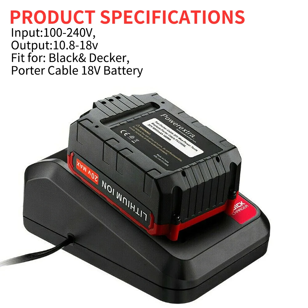 Cargador de batería de litio de repuesto de 18V para Black and Decker PORTER CABLE, cargador de batería de litio 2A 10,8-20V 100-240V - imagen 3